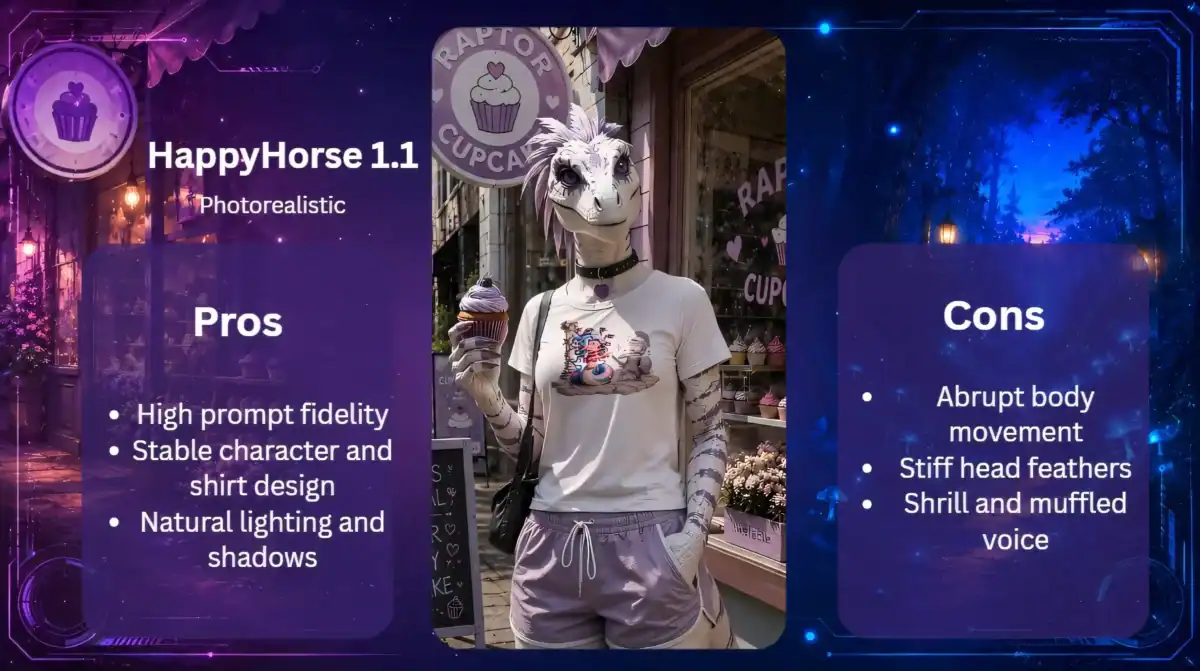 Pros-und-Cons-Grafik zu Happy Horse 1.1 mit fotorealistischer Raptor-Hybridin und bedrucktem T-Shirt.