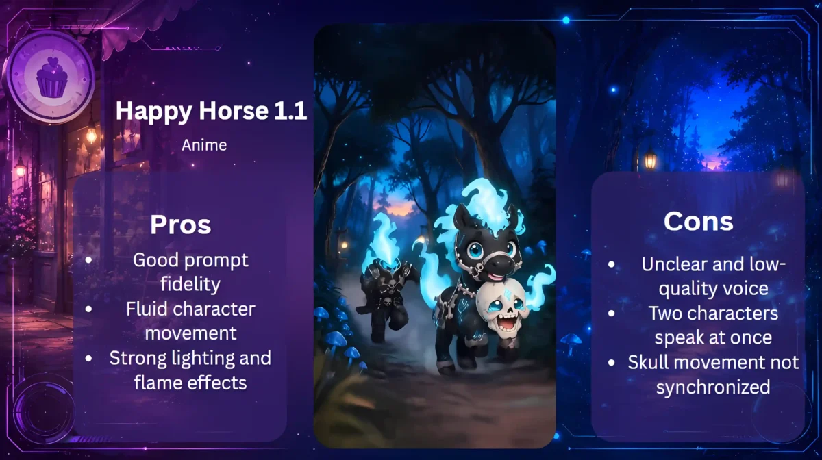 Pros-und-Cons-Grafik zu Happy Horse 1.1 mit kopflosem Dullahan, Pony Shadow und Schädel im magischen Wald.