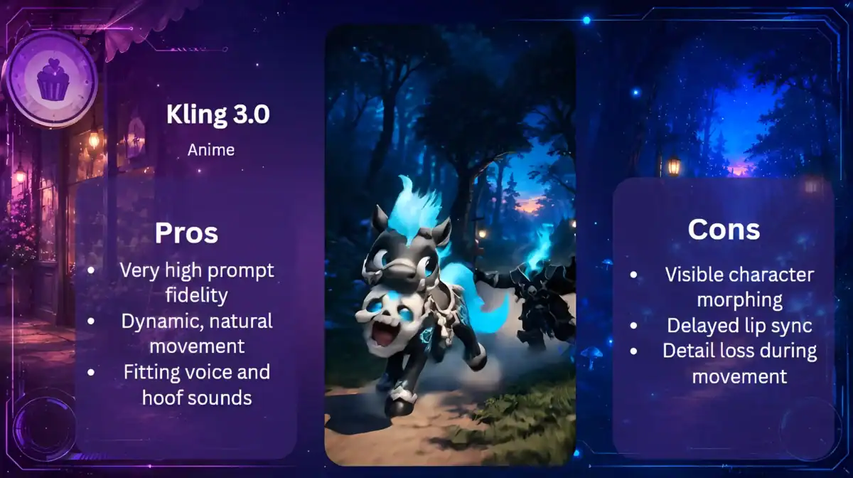 Pros-und-Cons-Grafik zu Kling 3.0 mit Dullahan, Pony Shadow und sprechendem Schädel im nächtlichen Anime-Wald.