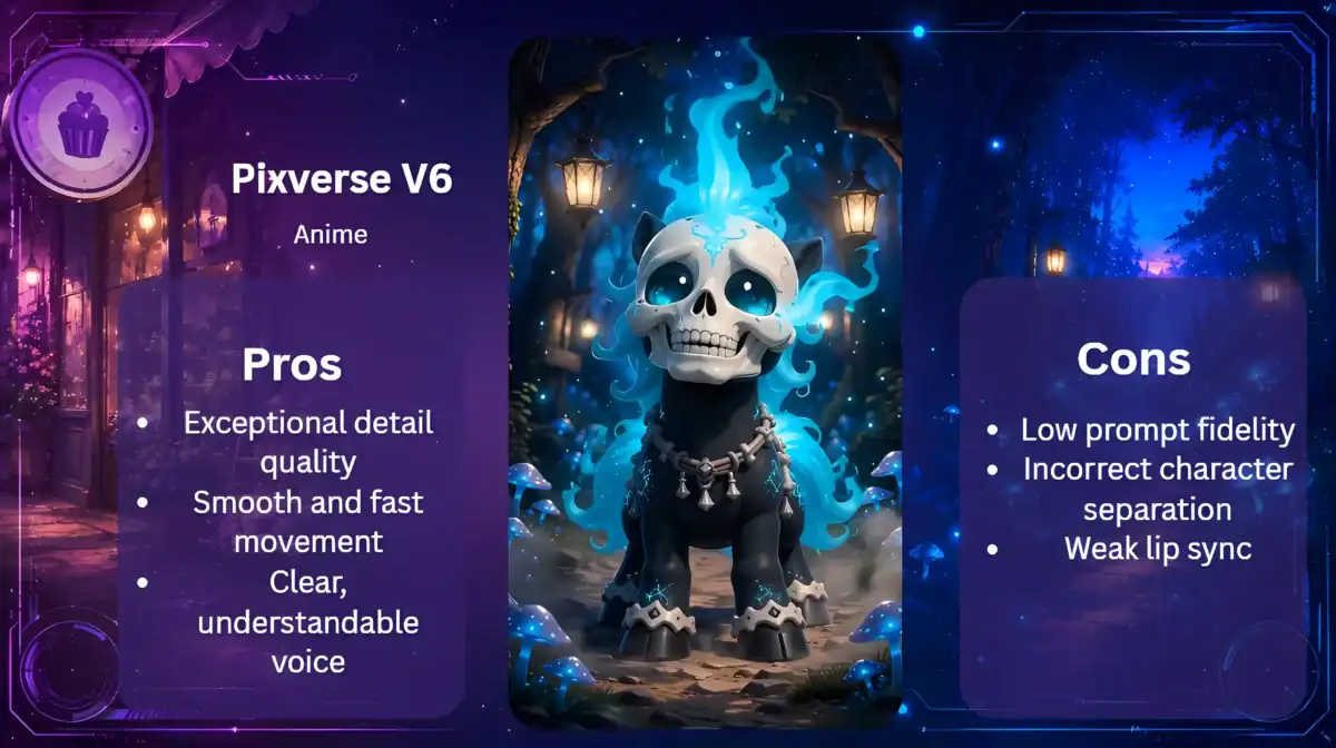 Pros-und-Cons-Grafik zu PixVerse V6 mit Dullahan, Pony Shadow und separatem Schädel in einer Anime-Verfolgungsszene.