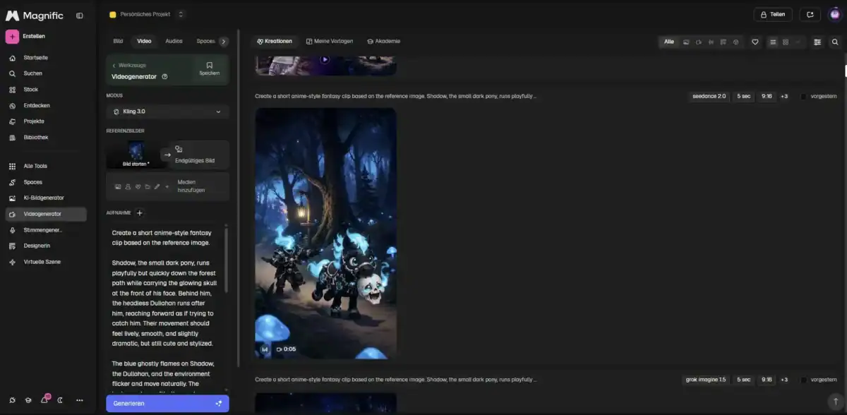 Benutzeroberfläche von Magnific AI mit geöffnetem Videogenerator und mehreren erzeugten KI-Videos im Projektbereich.