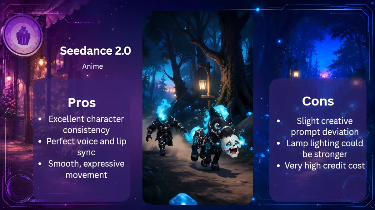 Pros-und-Cons-Grafik zu Seedance 2.0 mit Dullahan, Pony Shadow und Schädel in einer dynamischen Anime-Szene.