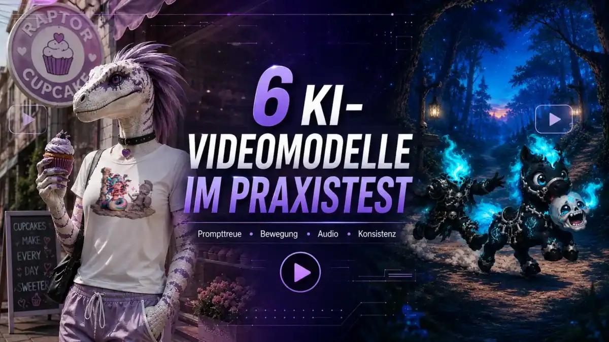 Sechs KI-Videomodelle im Praxistest mit Raptor-Hybridin und Anime-Szene.